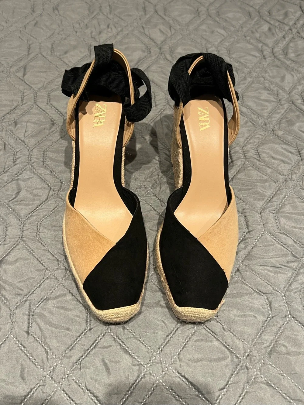 Zara Black and Tan Suede Preppy Espadrille Wedge Sandals with Wrap Ankle Ties